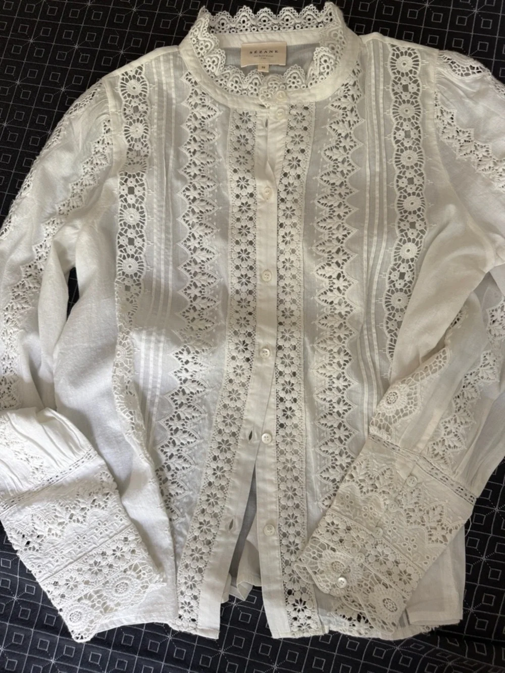 Sézane Lace Blouse White Eyelet Button Down Romantic Victorian - Picture 3 of 5